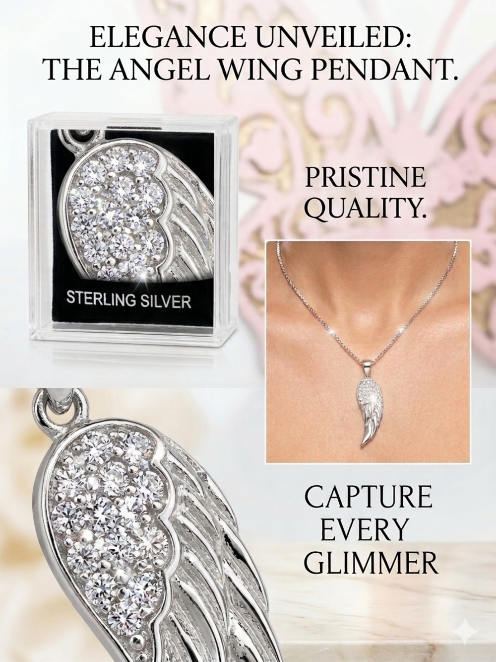 Sterling Silver Crystal Angel Wing Necklace - Silver